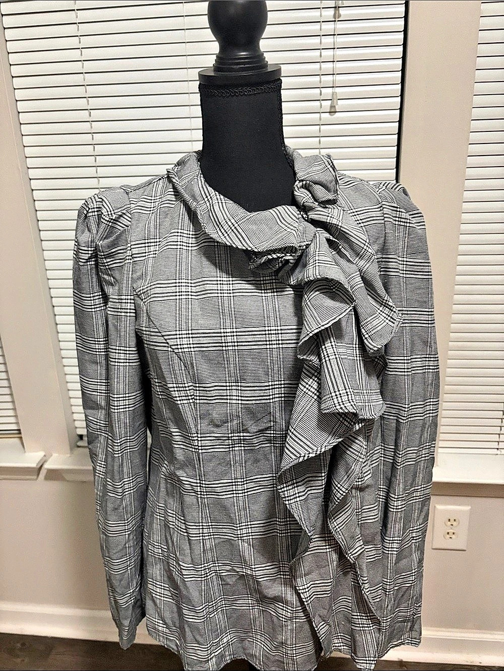 Plaid Ruffle Front Blouse in Black & White - Never Worn